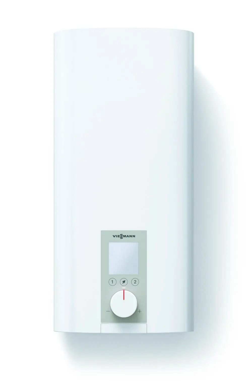 Weißer Durchlauferhitzer mit digitalem Display und Regler, hergestellt von Viessmann. Das Gerät ist für die Anbringung an der Wand konzipiert.